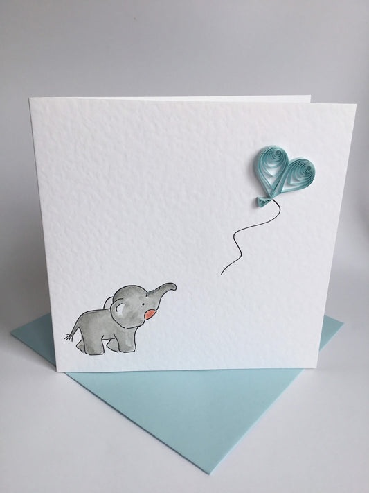 Handmade Quilled Card - Hand Painted Blue Elephant and Heart Balloon - Children’s Birthday Grandson Son / New Baby Boy / Christening Baptism