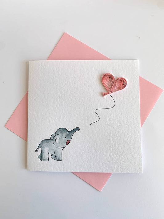 Handmade Quilled Card - Hand Painted Pink Elephant & Heart Balloon for Her - Birthday Daughter Granddaughter / New Baby Girl / Christening