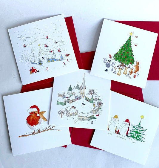 Pack of 5 Mixed Charity Christmas Cards (A)- Original Art Watercolour Illustration - Traditional Designs - Hand Finished - Glitter Option