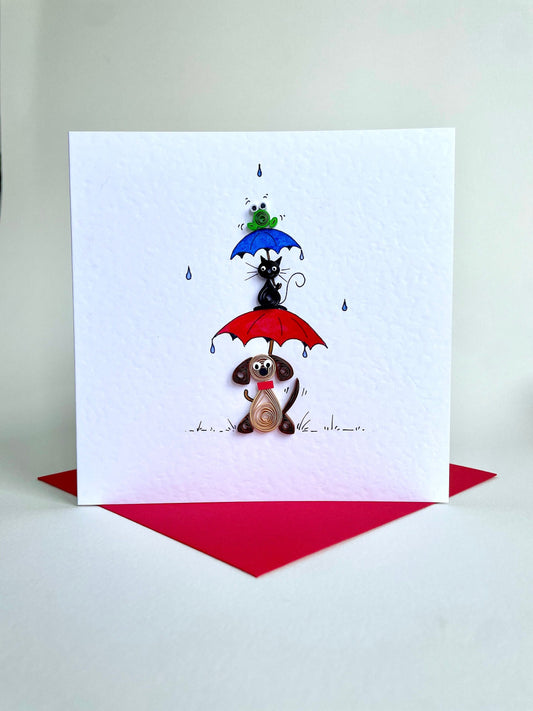 Rainy Day - Fun Handmade Quilled Animal Card - 3D Dog Cat & Frog with Bright Umbrellas - Hand Painted for Him Dad Daddy Son Brother Grandson