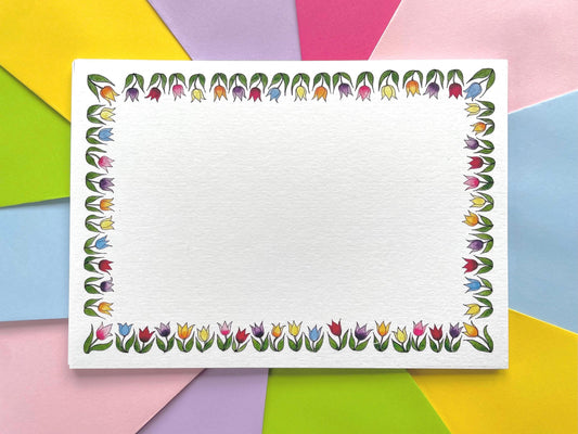 Set of Floral Notecards with Envelopes - Flower Border of Hand Painted Tulips - 6 or 10 Blank Floral Watercolour Note Cards - Any Occasion