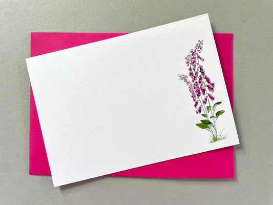 Pack of Pink Foxglove Notecards with Envelopes - Hand Painted Watercolour - Pretty Wild Flower Floral Message Note Cards / Thank You Cards