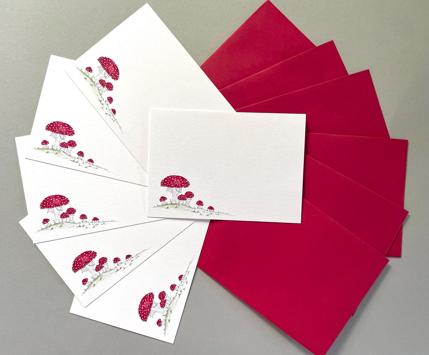 Set of Toadstool Notecards with Envelopes - Red & White Spotted Fungi Note Cards - Fly Agaric Hand Painted Watercolour - Blank Note Cards