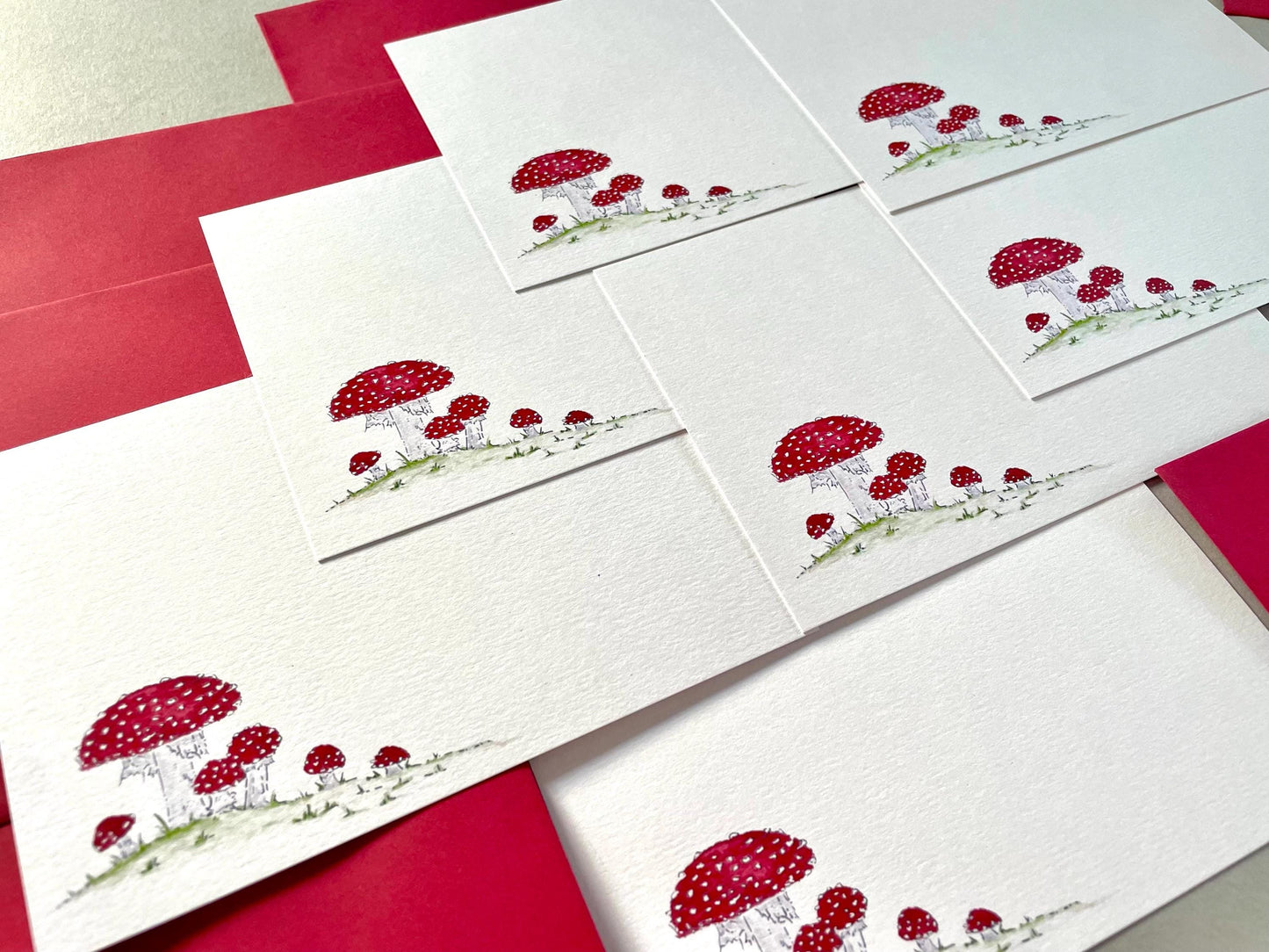 Set of Toadstool Notecards with Envelopes - Red & White Spotted Fungi Note Cards - Fly Agaric Hand Painted Watercolour - Blank Note Cards