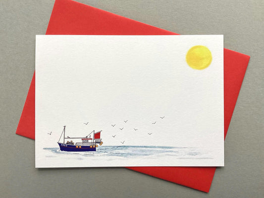 Set of Luxury Nautical Notecards with Envelopes - Trawler Fishing Boat with Seagulls - Watercolour - Seaside Harbour Coastal Note Cards Pack