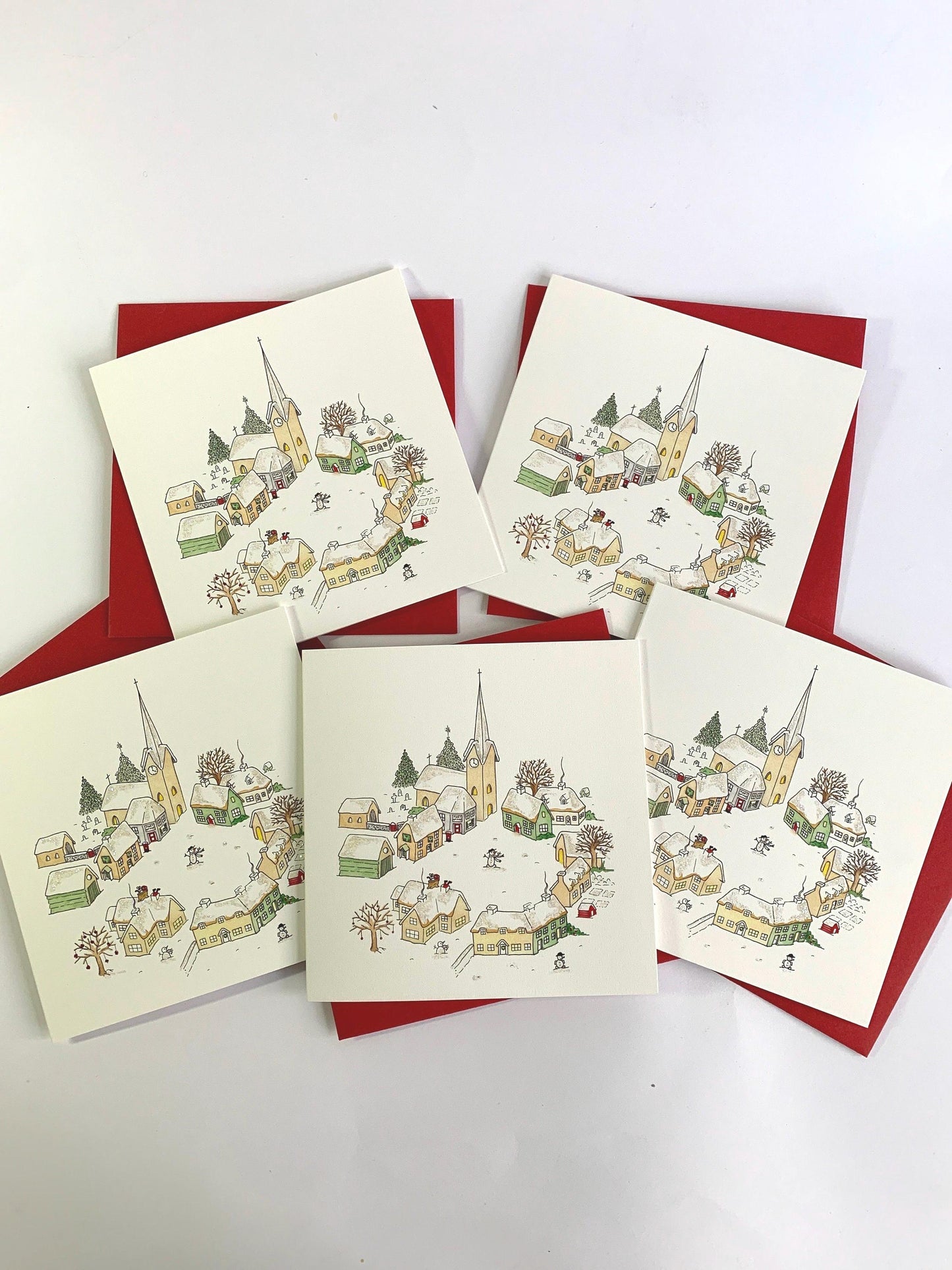 Pack of 5 Traditional Snowy Village Charity Christmas Cards - Original Watercolour Illustration - Hand Finished - Houses, Cottages & Church