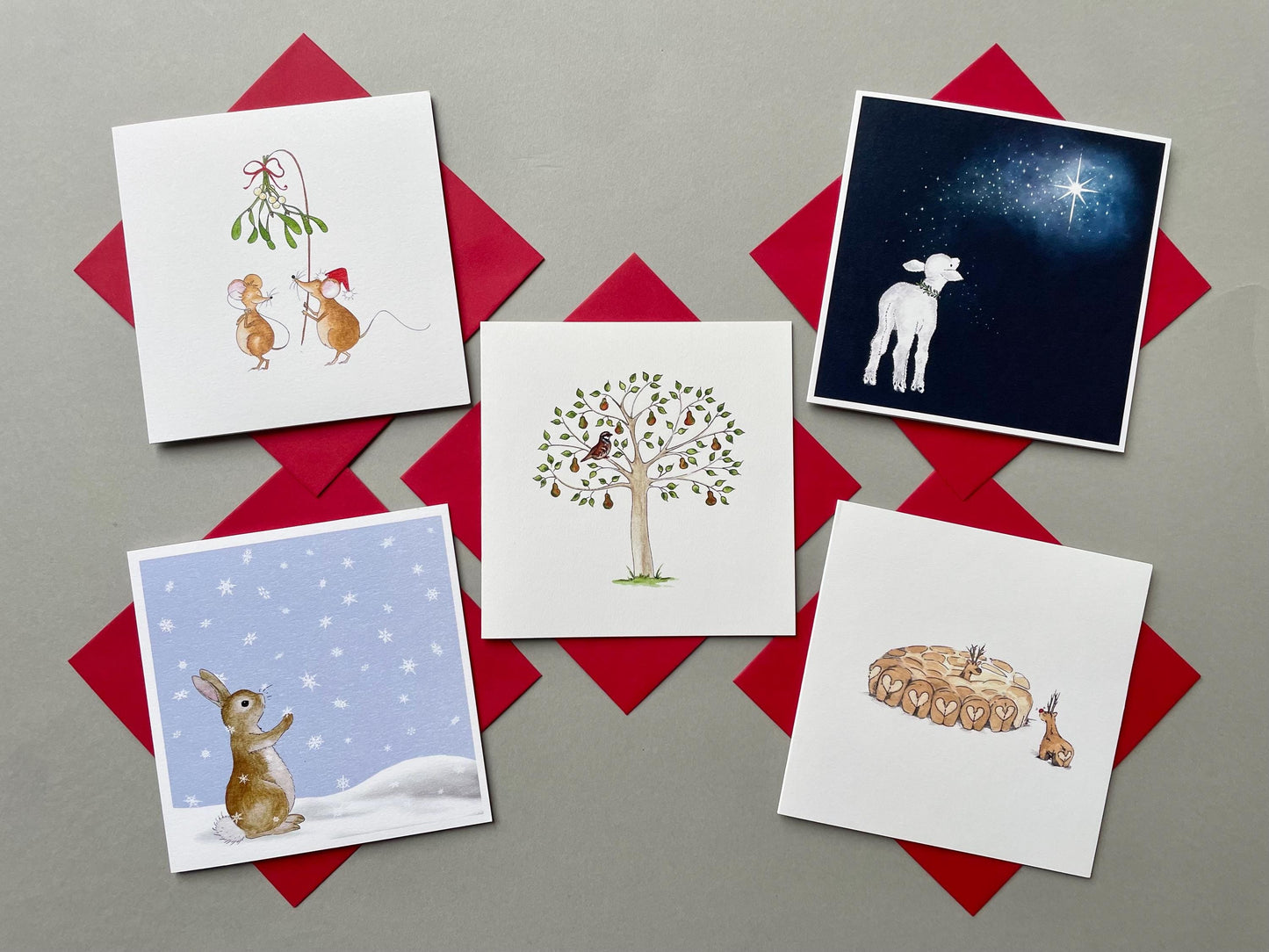 Pack of 5 Mixed Charity Christmas Cards (C) - Christmas Animals - Original Art Watercolour Illustrations - Traditional Designs - Multipack